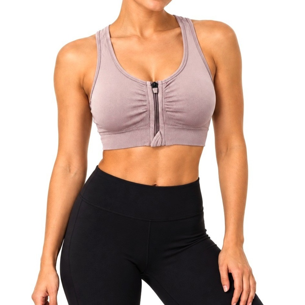 Velocity Sports Bra Womens L Mauve Pink Seamless Harley Front Zip Racerback
